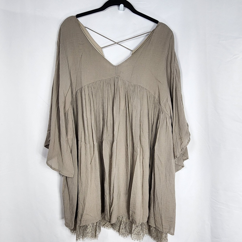 Umgee Womens Babydoll Bell Mini Dress Lace Neutral Taupe Boho Chic Wedding Large